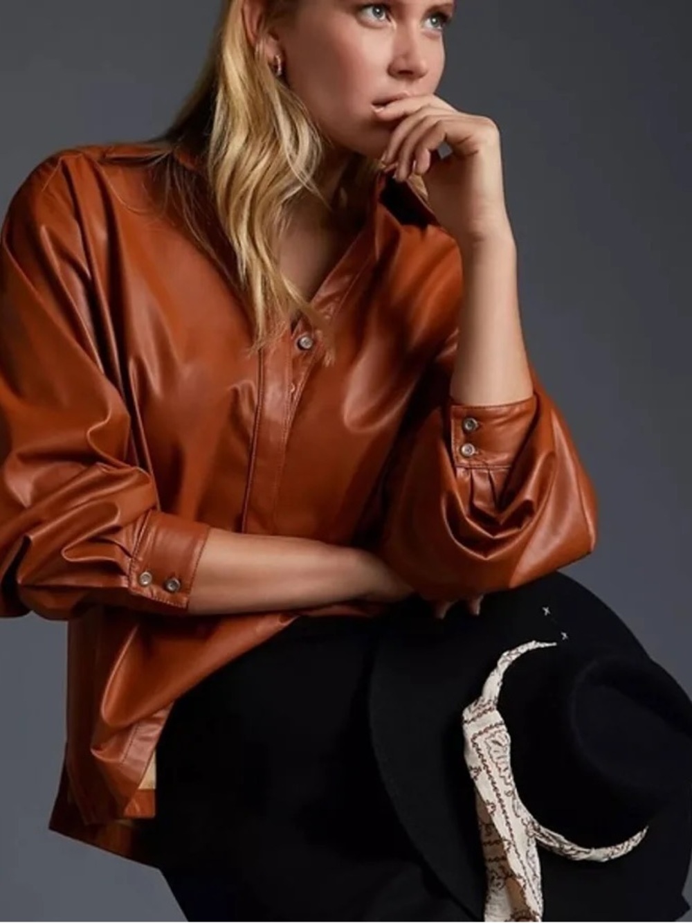 Anthropologie Vegan Leather Popover Blouse Camel Brown Size M